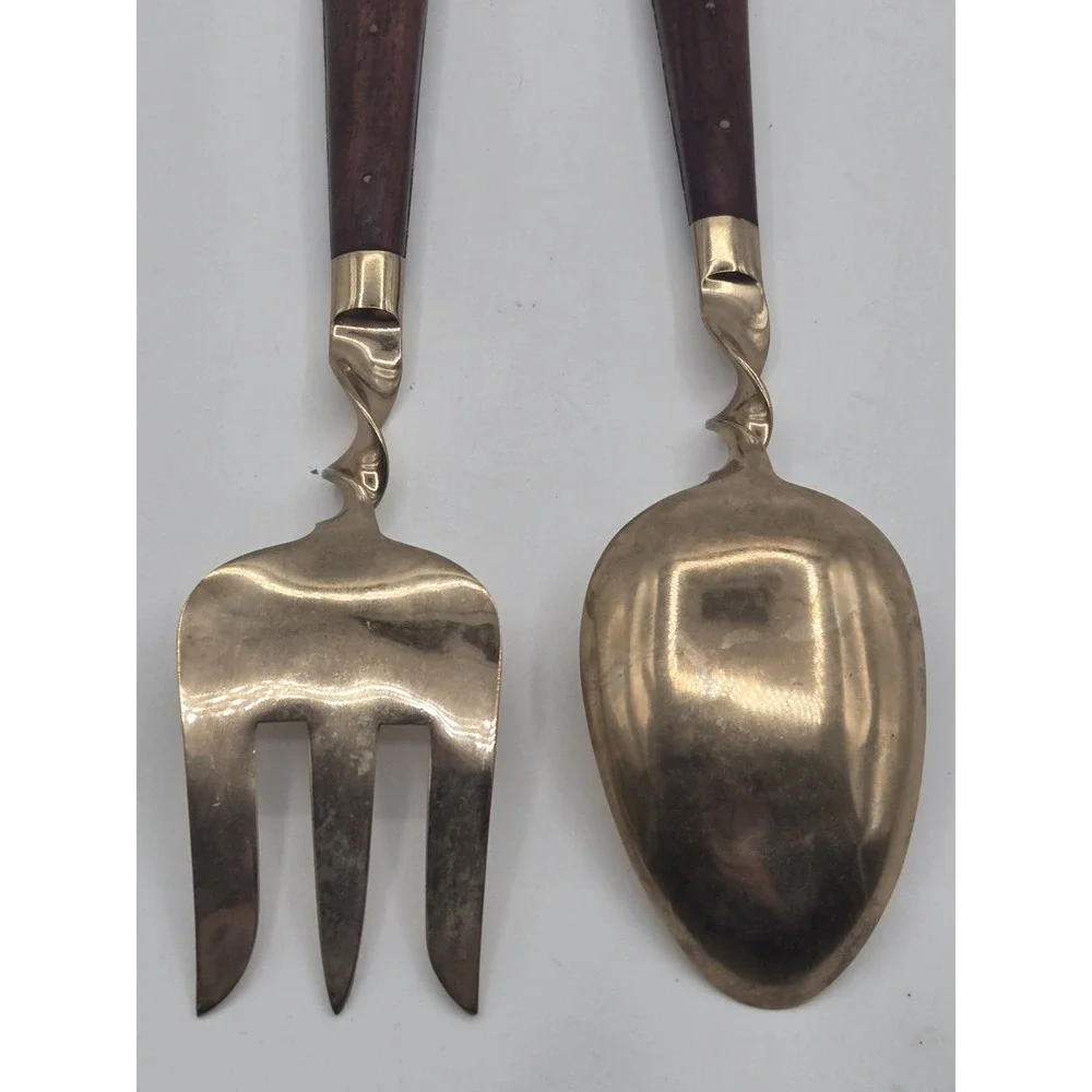 Teak Wood & Brass Spoon Fork Thailand Buddha SIAM Vintage